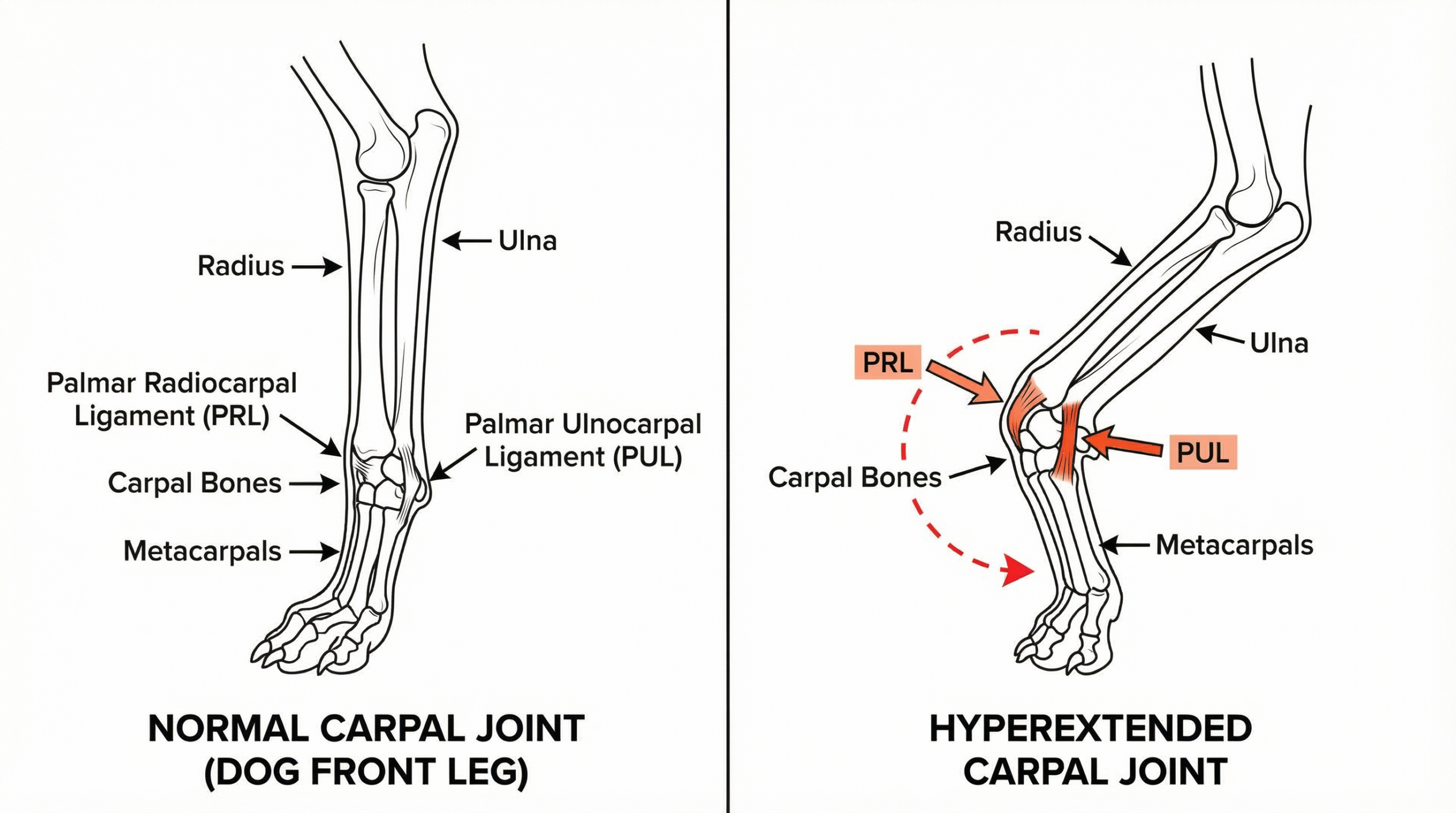 手根関節解剖図（正常vs過伸展損傷）