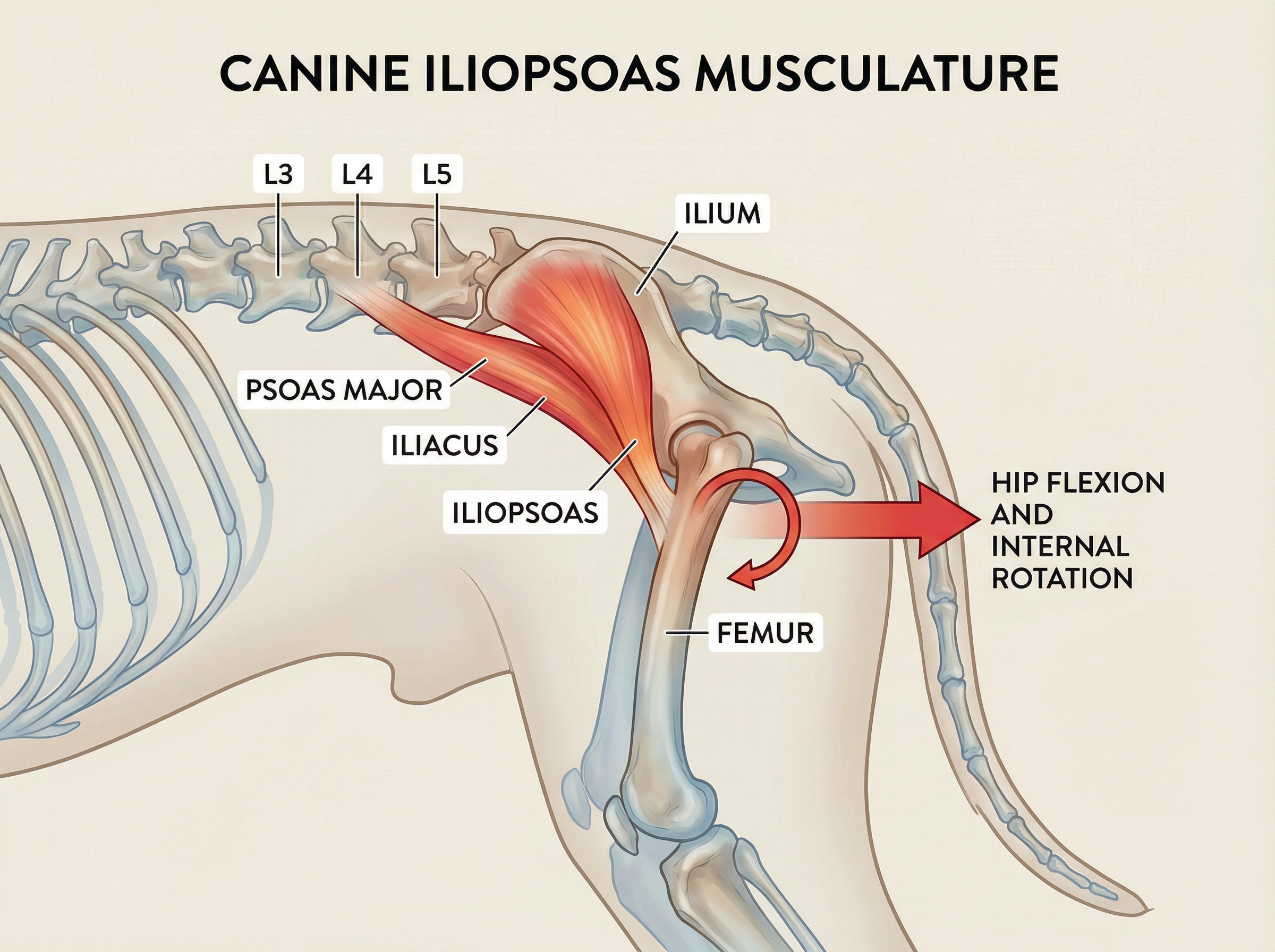 腸腰筋の解剖図（L3-L5付着部・大腿骨挿入部）