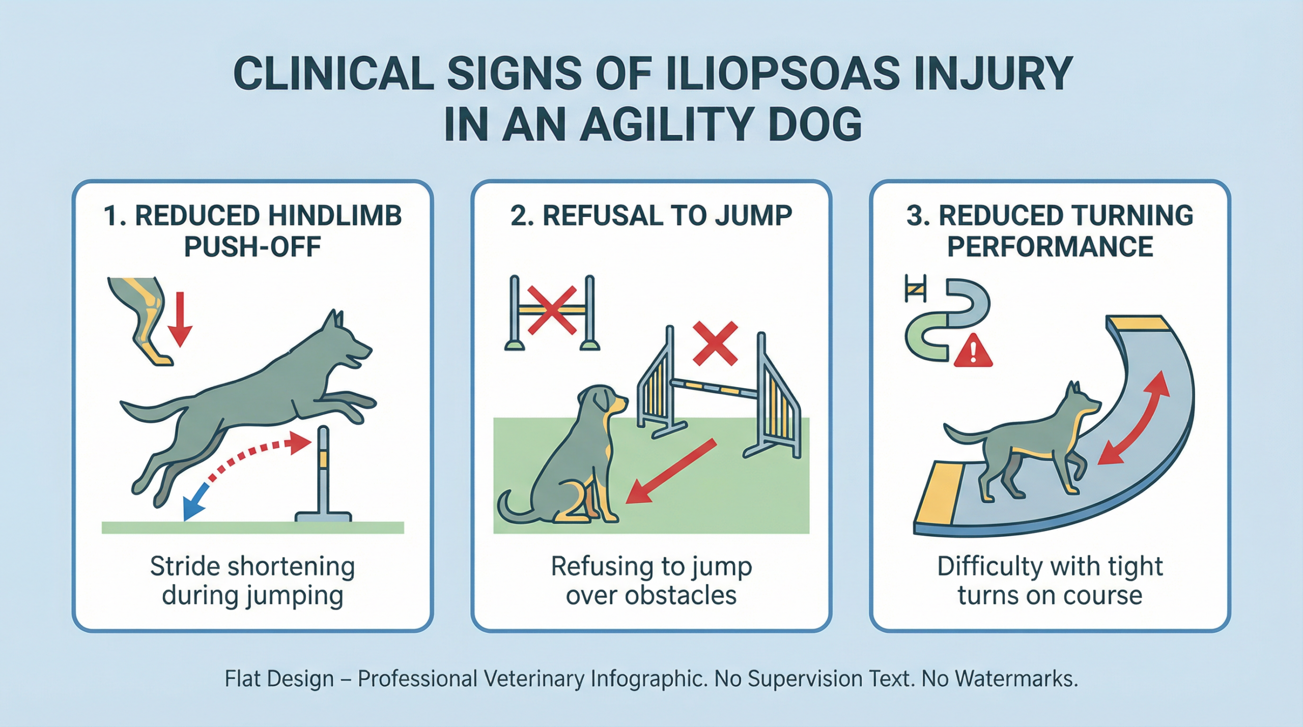臨床症状の3パターン（後肢蹴り出し低下・ジャンプ拒否・旋回性能低下）