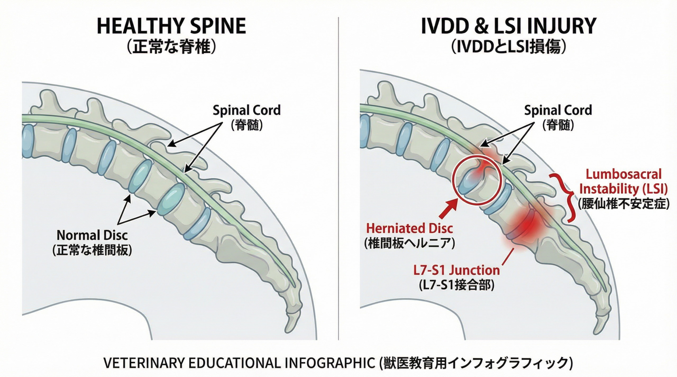 犬の脊椎解剖図とIVDD・LSIの損傷部位
