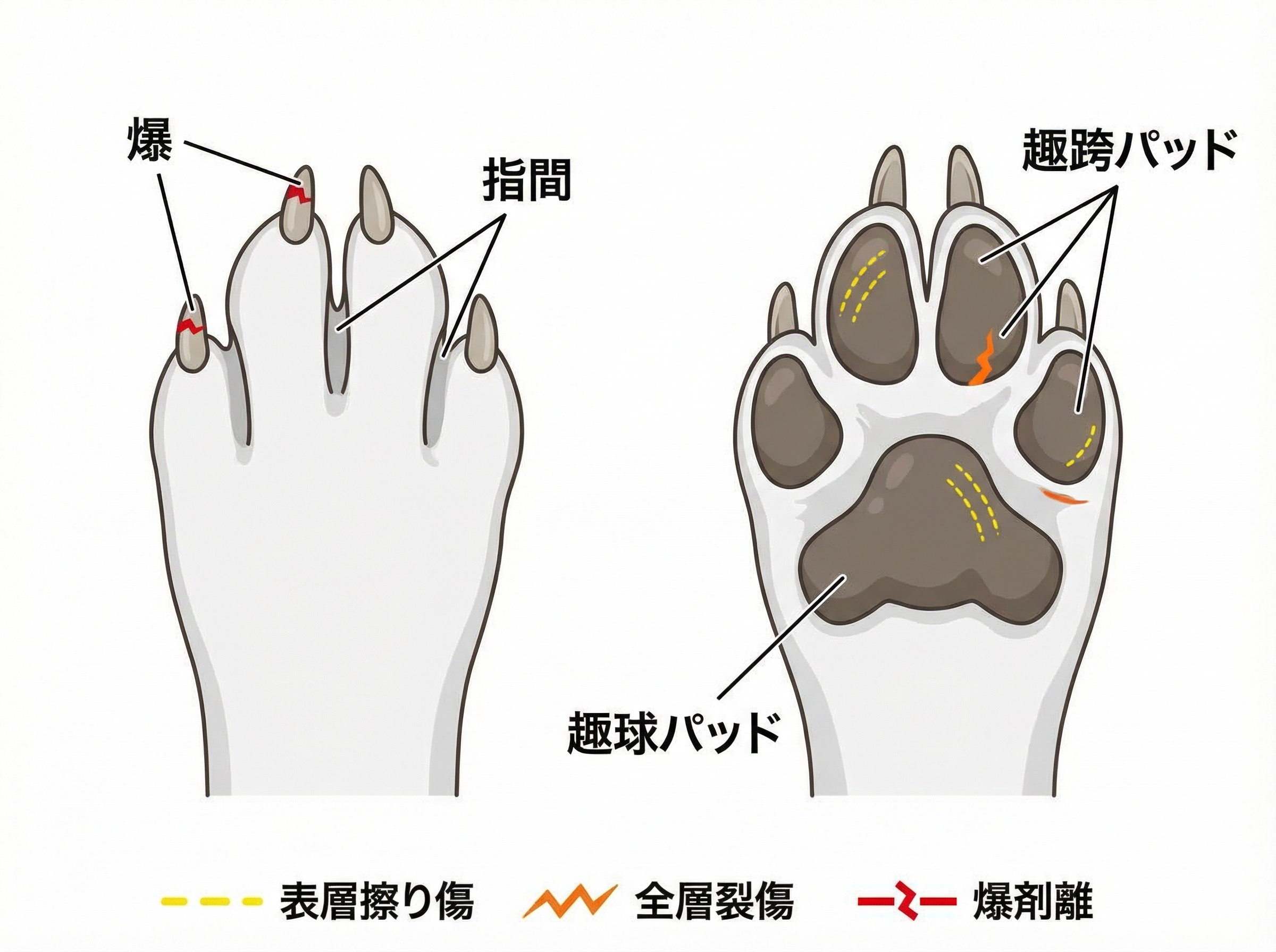 犬の足底パッド解剖図と損傷の種類