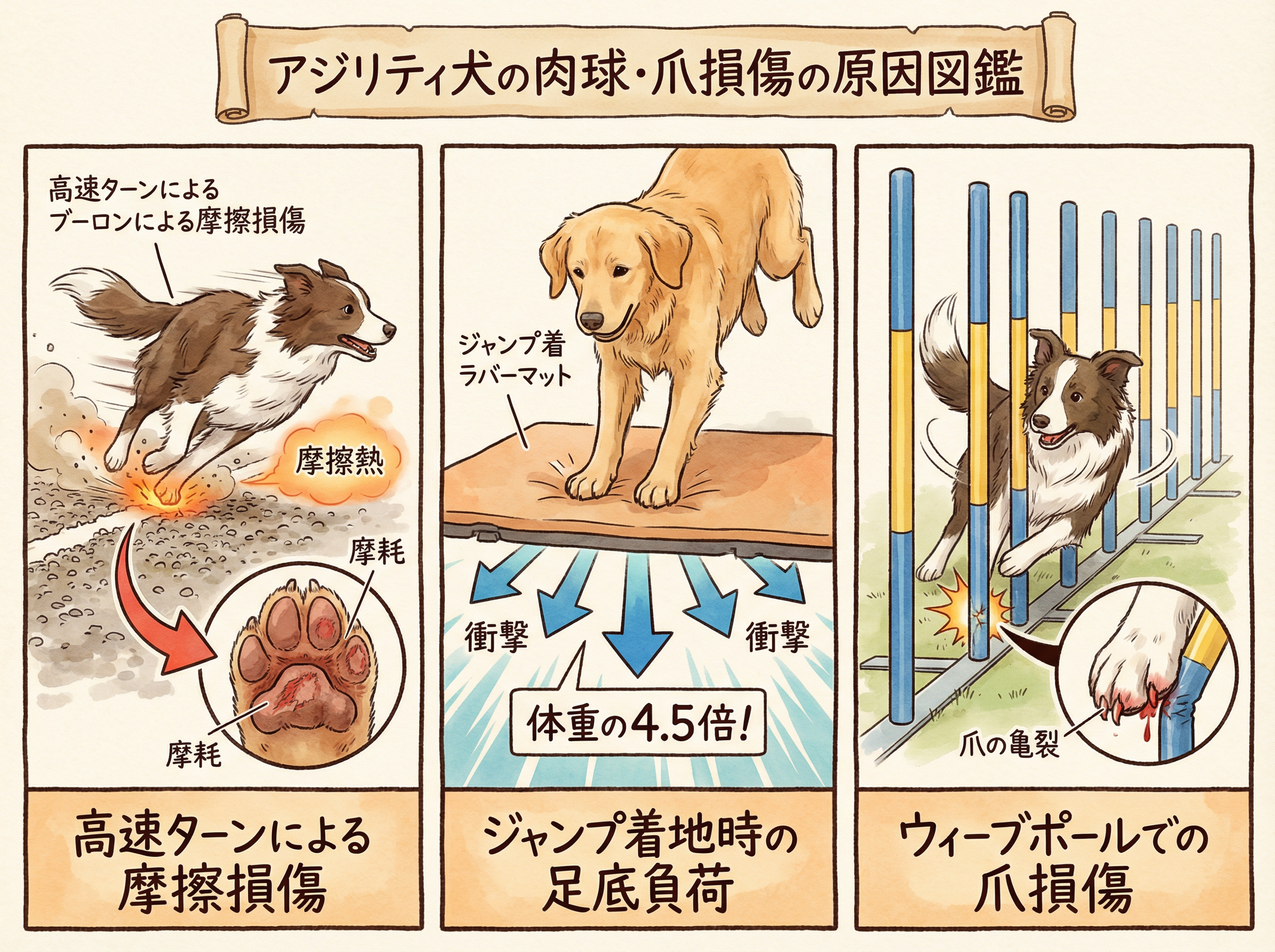 アジリティ犬の肉球・爪損傷の原因