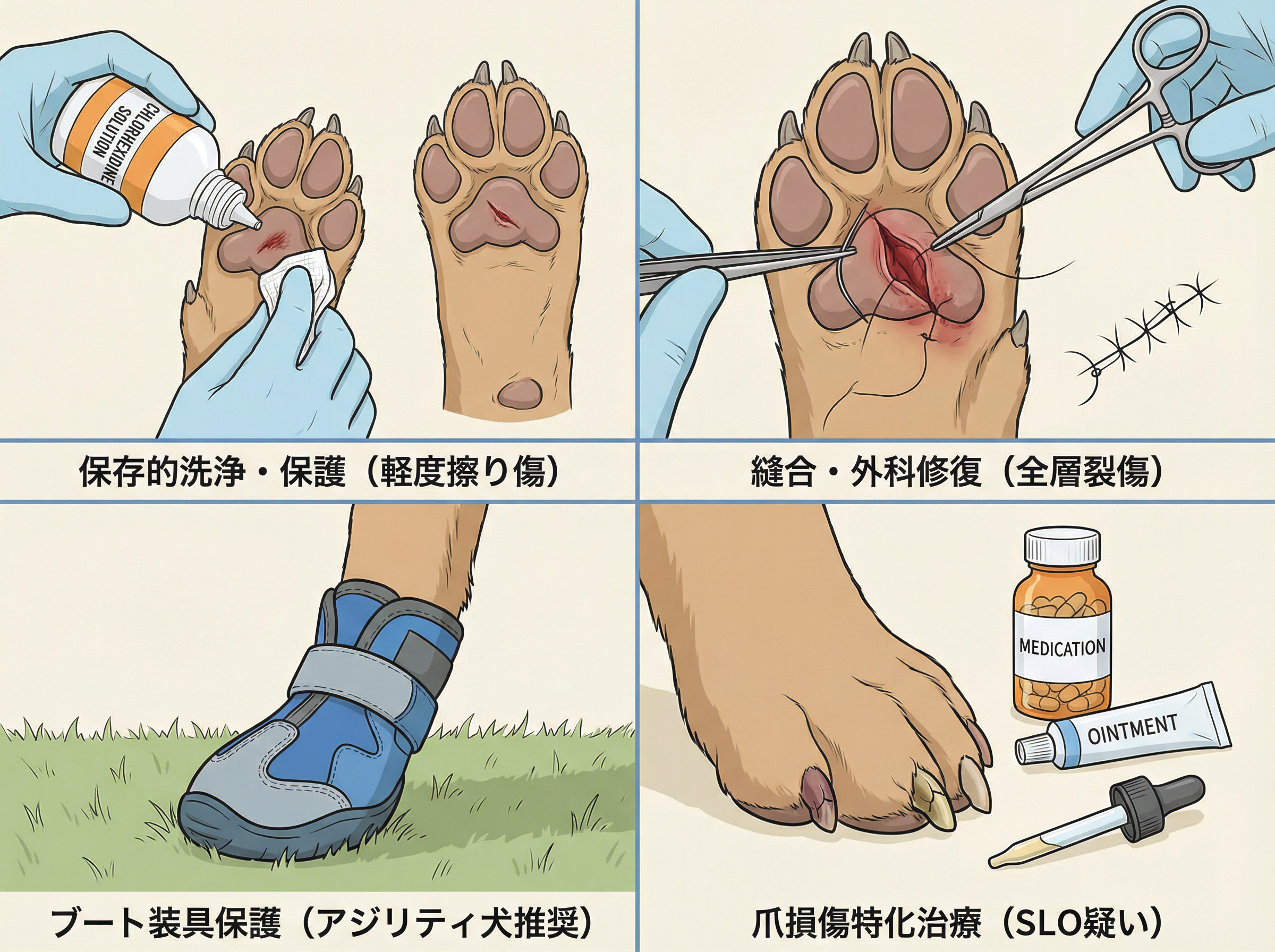 4つの治療オプション：保存的洗浄・縫合・ブート・爪損傷特化