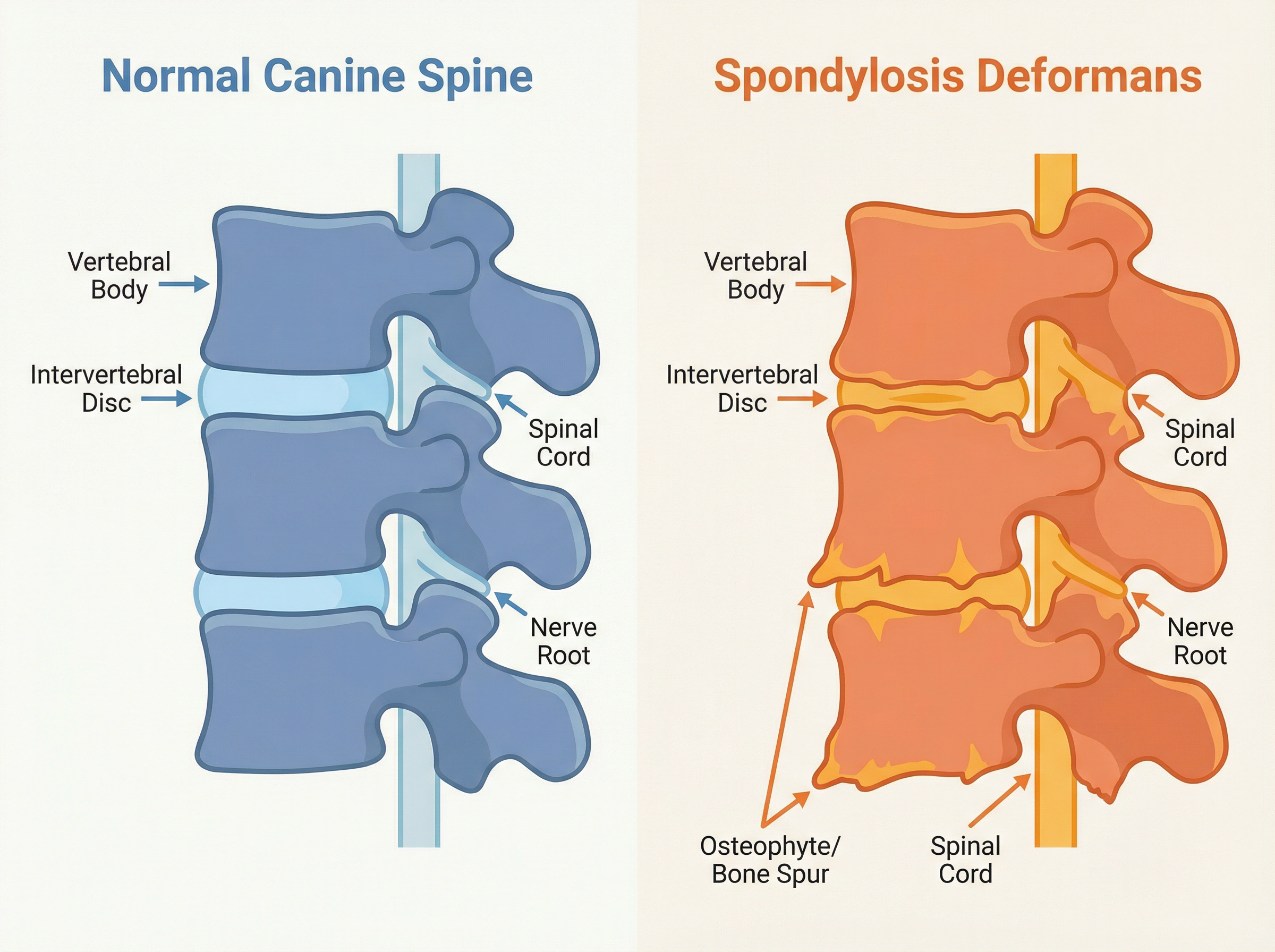 正常な脊椎と変形性脊椎症の比較図